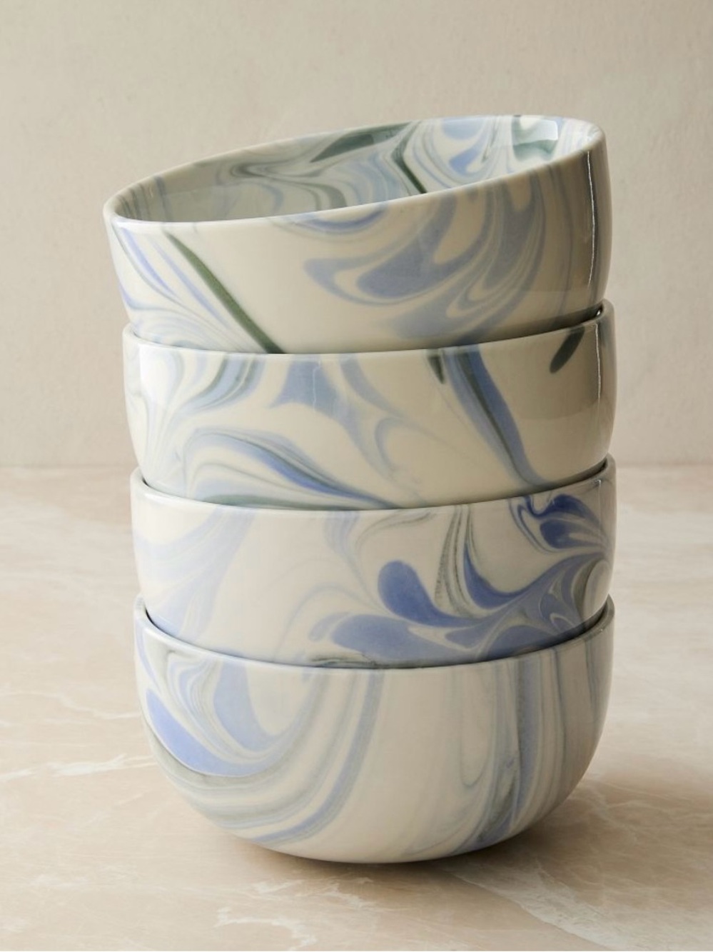 West Elm Blue Marble Swirl Ceramic Serving Bowls - Set of 4